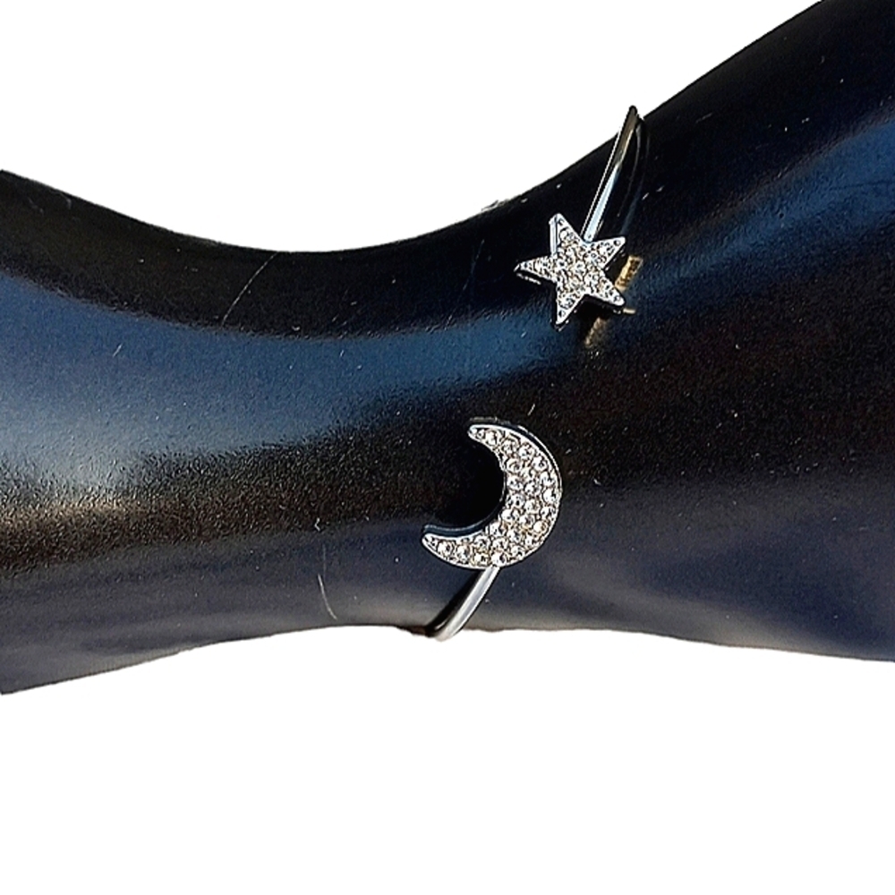 Rhinestone Silver Bangle Star Moon Celestial Bracelet Diamond open adjustable